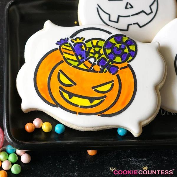 Pumpkin w/Candy PYO Cookie Stencil - The Cookie Countess 600